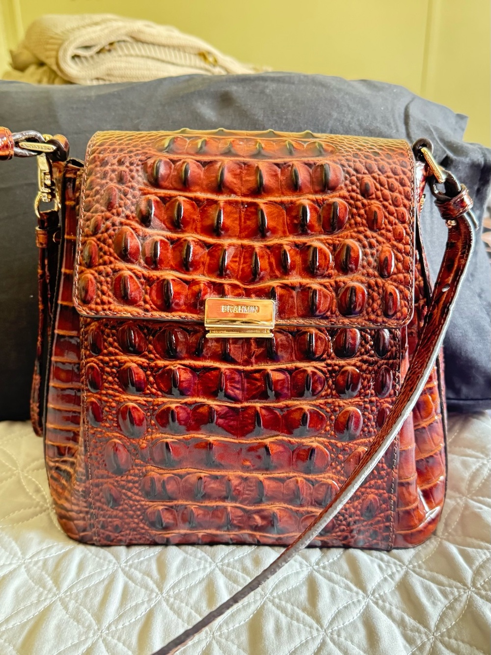 Brahmin Croc-Embossed Crossbody Bag in Brown and Black